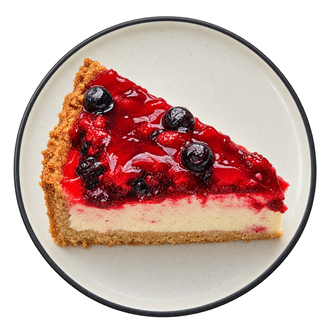 Kuchenstück mit Beerenguss und Heidelbeeren, mit sichtbarer Füllung und Biskuitboden